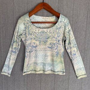 Y2K Xcit u.s.a. Blue Green Filigree Crystal Embellished Long Sleeve T Shirt